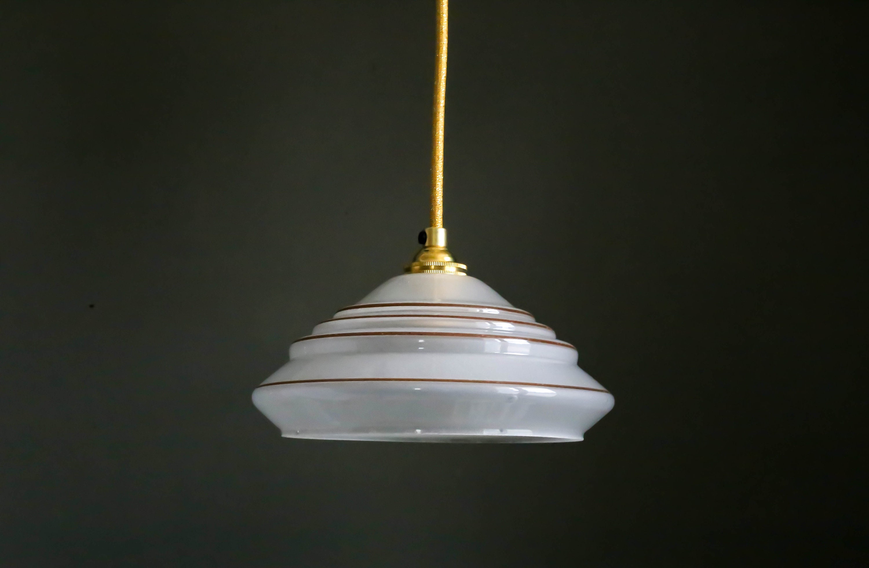 Antique French Ceiling Light in Translucent White Glass, Pendant Lamp With Brown Nets- Mid Century -