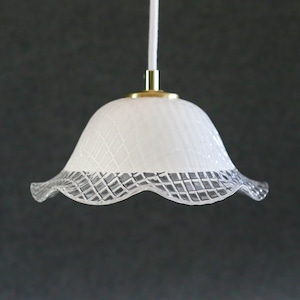Antique french ceiling light in white and translucid glass, french pendant lamp - circa 1950