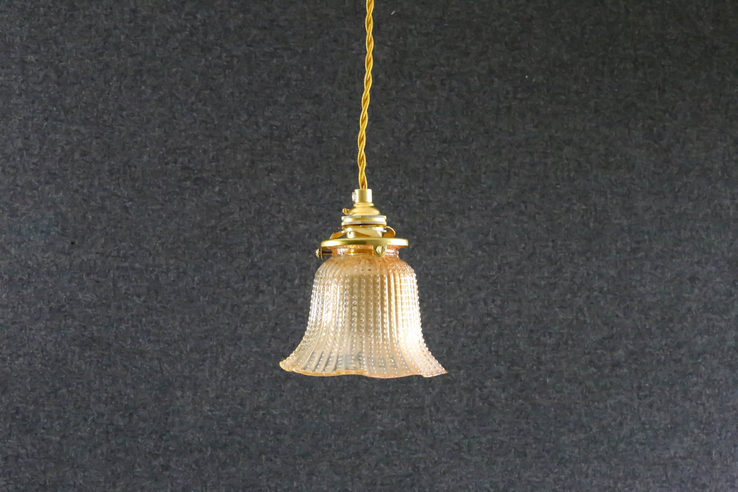 Antique French Ceiling Light in Yellow Translucid Striped Glass, Pendant Lamp - Old Tulip Model- Art