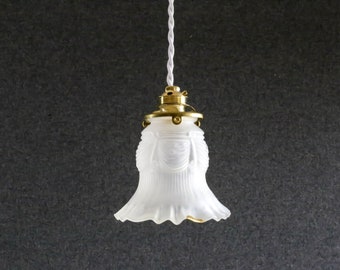 Antique french ceiling light in translucid glass, french pendant lamp - flower shape representing a tulip-kintsugi repair - circa 1930