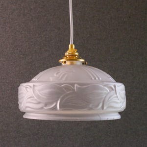 Antique french ceiling light in white translucid glass, french pendant lamp - circa 1930