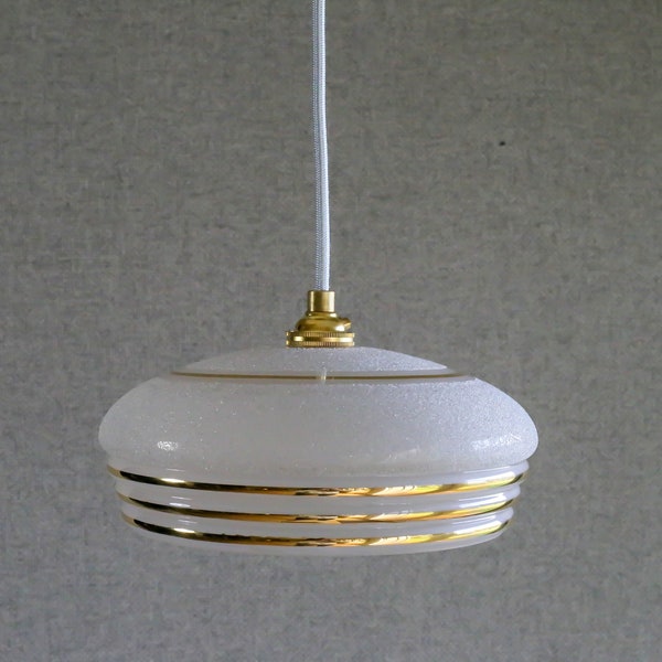 Antique french ceiling light in white translucid granite glass with golden nets, french pendant lamp - circa 1940