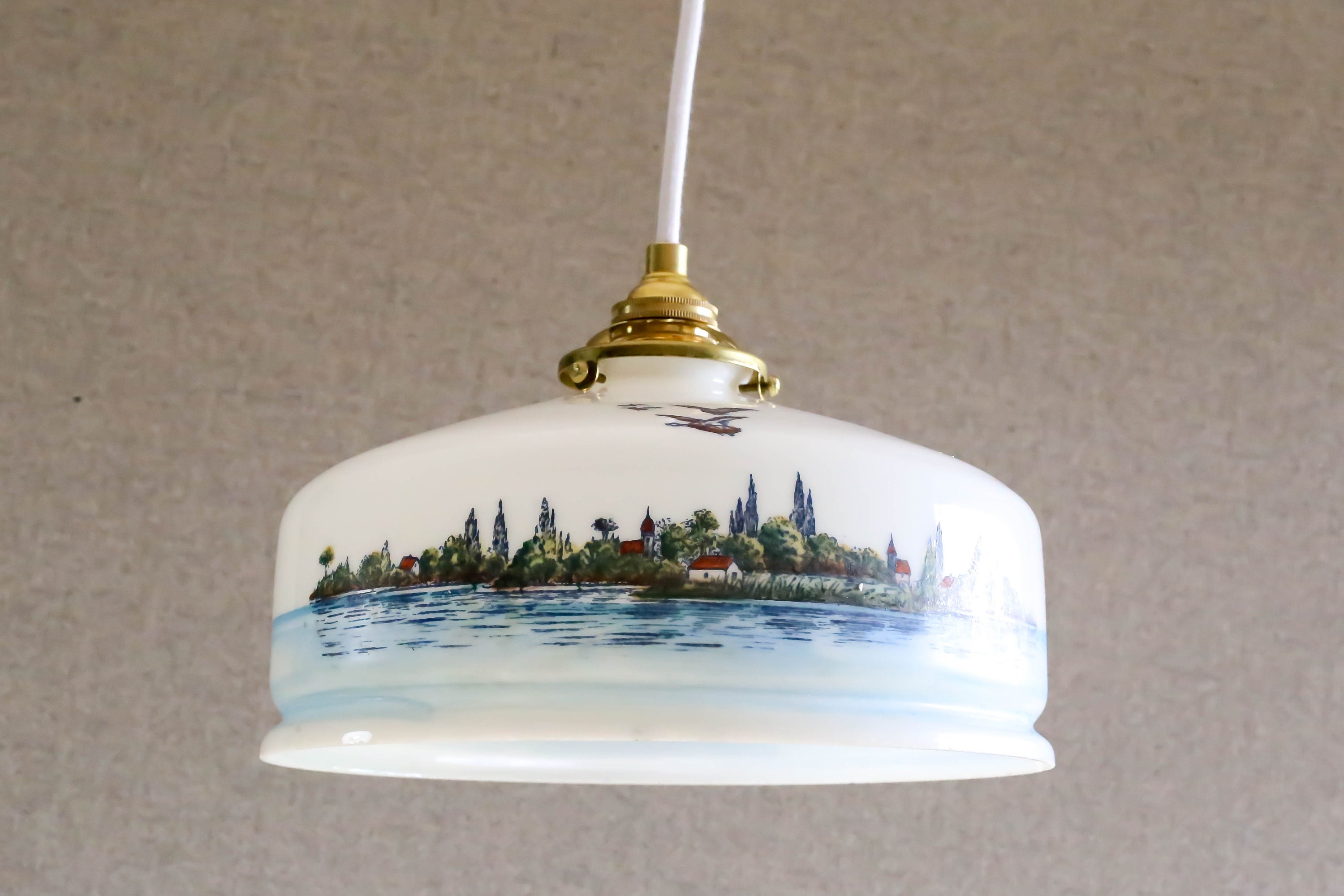 Antique French Ceiling Light in White Glass, Pendant Lamp - Circa 1930 Handpainted River & Village D
