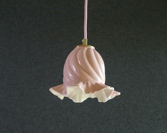 Antique french ceiling light in rose and white painted glass, french pendant lamp - old flower model