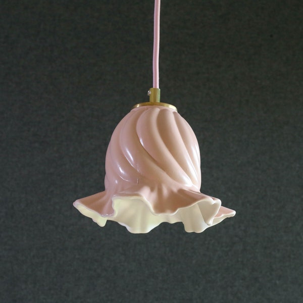 Antique french ceiling light in rose and white painted glass, french pendant lamp - old flower model