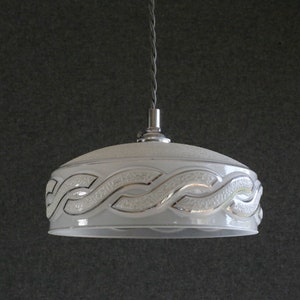 Antique french ceiling light in grey translucid clichy glass, french pendant lamp -moulded decor with silvered nets circa 1950