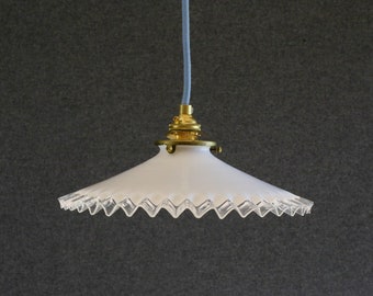 Antique french ceiling light in white glass, french pendant lamp - new brass holder and socket  - new electric cable