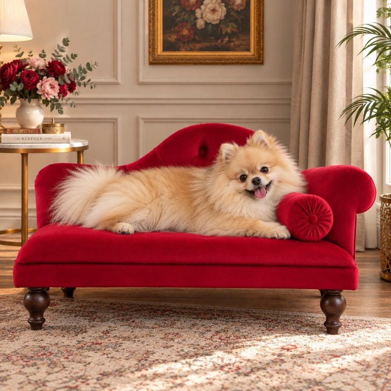 May include: A small, red velvet pet sofa featuring a tufted backrest, a rounded bolster pillow on one side, and dark brown wooden bun feet. A fluffy, light-coloured Pomeranian dog with its tongue out is lying across the centre of the sofa.