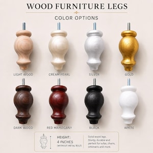 May include: Eight wooden furniture legs with metal bolts, arranged in two rows. Colours include light wood, cream pearl, silver, gold, dark wood, red mahogany, black, and white. A diagram indicates a height of 10.16 cm excluding the metal bolt.
