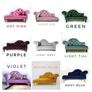 May include: A grid of nine velvet chaise lounges for pets, each featuring tufted backrests and a cylindrical bolster pillow. Colours include hot pink, rose ice, green, purple, light grey, light teal, violet, mustard yellow, and navy blue.