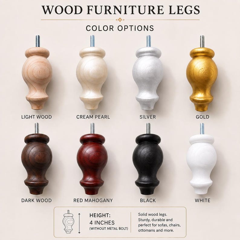 May include: Eight wooden furniture legs with metal bolts, arranged in two rows. Colours include light wood, cream pearl, silver, gold, dark wood, red mahogany, black, and white. A diagram indicates a height of 10.16 cm excluding the metal bolt.