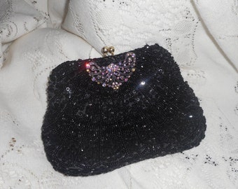 Vintage Black Beaded Evening Bag Sweetheart Closure Clutch Bag