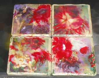 Floral Stone Coasters,  Red Flowers Coaster Set, Mixed Media Art Coasters, Contemporary Home Decor, Housewarming Gift. Mother's Day Gift
