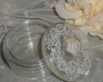 Vintage Glass Powder Box , Vintage Vanity, Lucien Lelong Vintage Glass