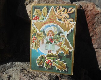 Christmas Original Antique Postcard- Embossed Post Card, 1910 - Children Postcard
