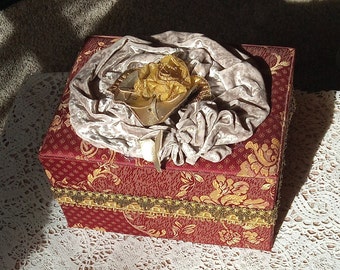 Elegant OOAK Keepsake Memories Box - Gold Velvet and Burgundy Tapestry Decorative Box - Mother's Day Gift - Gift for Her