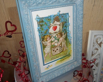 Valentine postcard framed, Cupids and love letters card, Antique postcard with hand painted mat art, 5 x 7 wall art