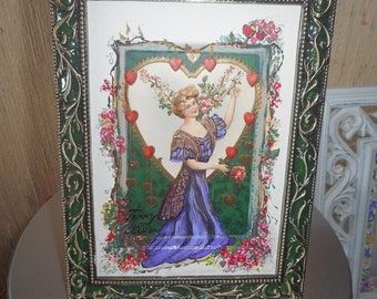 Framed antique postcard with hand painted mat art, Lady with roses, Sentimental Journeys Collection, 5 x 7 wall art