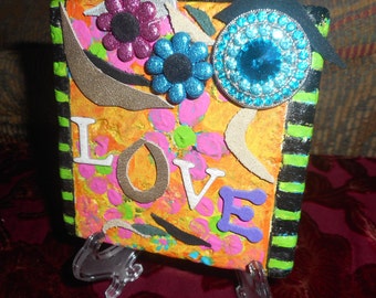 Hand painted LOVE mixed media ceramic art tile with Easel - Miniature Art with Easel