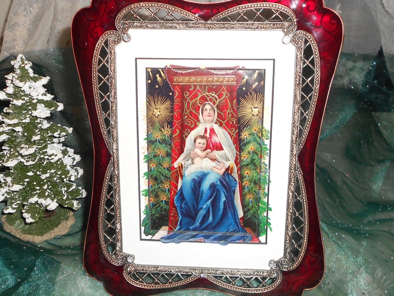 Upcycled Antique Religious Original Post Card Framed Religious Art Baby Jesus and Mary image 1