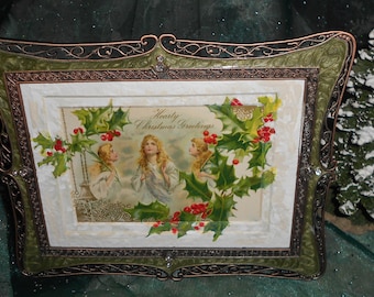 Framed Antique Angels Postcard Recreated - Christmas Postcard with Custom Hand Painted Mat Artistry - Seasonal Decor - Collectible Series