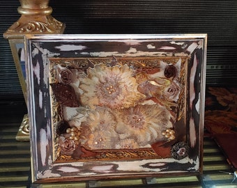 Sunflowers Framed Mixed Media Assemblage, Framed Floral Cottagecore Decor, Sunflowers