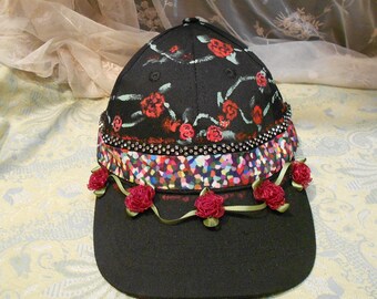 Hand-Painted Red Roses Black Canvas Hat – Wearable Art Accessory