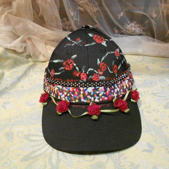 Hand-Painted Red Roses Black Canvas Hat – Wearable Art Accessory