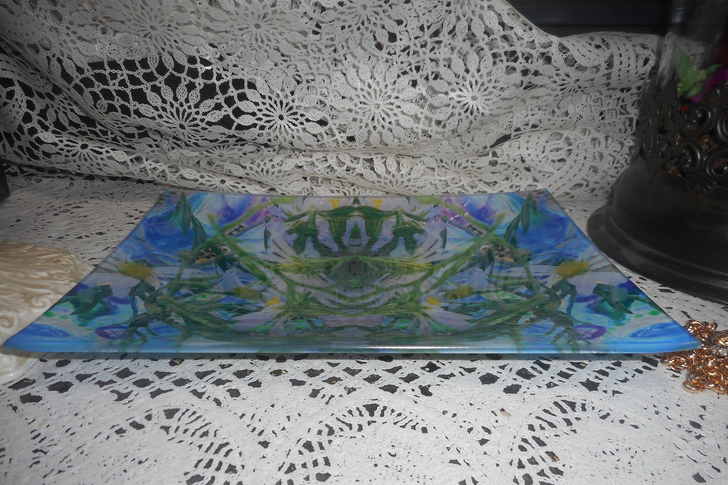 Enchanted Garden Art Glass Tray Whimsical Cat Glass Tray Green