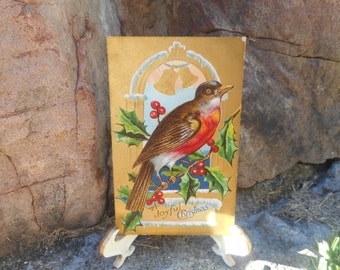 Christmas Robin Original Antique Postcard - Gold Embossed Postcard - Bird Postcard
