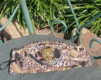 Leopard Leather and Fabric Cuff Bracelet -  OOAK Handmade Bracelet - Gift For Her - Mother's Day Gift