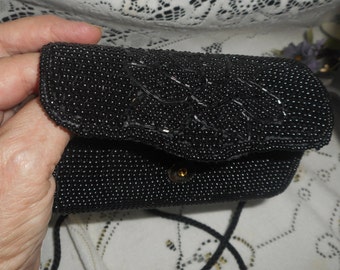 Vintage Black Beaded Shoulder Bag Little Black Bag Black Beaded Purse