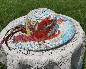 Women's Hand Painted Summer Hat - Beach Hat - Hand Painted Sealife Straw Hat - Red Lobster