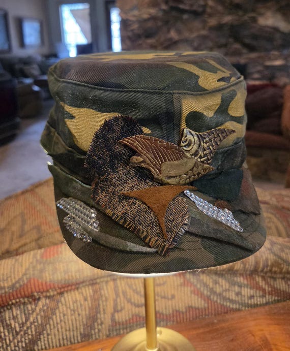 Hand-Cut Leather Eagle Camo Cadet Cap –  Embellished Military Hat