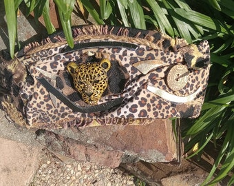 Leopard Leather and Fabric Cuff Bracelet -  OOAK Handmade Bracelet - Gift For Her - Mother's Day Gift