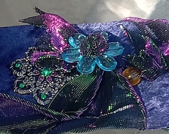 Midnight Blue Textile Cuff Bracelet - Velvet Fabric Cuff Bracelet Handmade - Beautiful Christmas Gift For Her