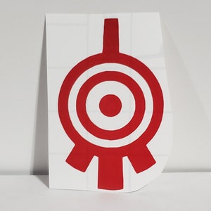May include: Red and white target symbol with three legs on a white background.