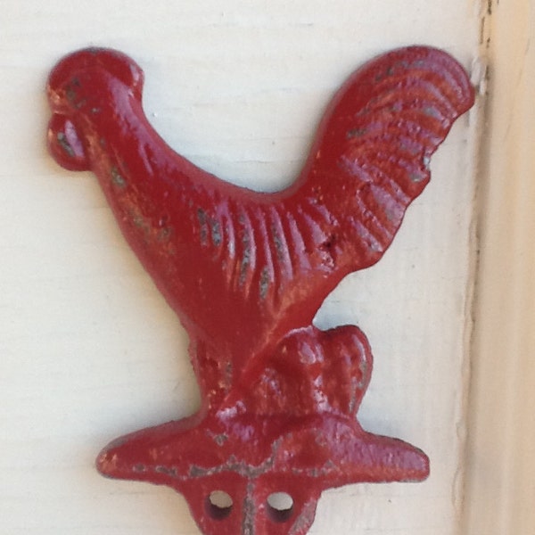 Rooster Hook Cast Iron Country Red Farm House Decor Kitchen Decor Wall Decor Garden Decor