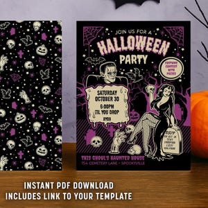 Retro Halloween Pin Up Gothic Invitation Canva Template Black Purple Adult Costume Vintage Fancy Dress Digital Download Custom Party Invite