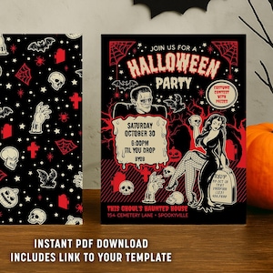 Retro Halloween Pin Up Invitation Canva Template | Black Red Vintage  Adult Gothic Horror Costume Fancy Dress Digital Download Party Invite