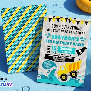 Kiepwagen Splash verjaardagsuitnodiging bewerkbare canvassjabloon blauw geel jongens zomer Truck Pool Party digitale uitnodigingskaart digitale download
