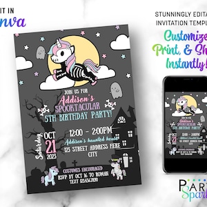 May include: A printable Halloween party invitation featuring a cute skeleton unicorn with a pink and blue mane and tail. The invitation is for Addison's 5th birthday party and includes the date, time, and location of the event. The text on the invitation reads "Join us for Addison's Spooktacular 5th Birthday Party!" and "Saturday, Oct 21, 2023, 12:00-2:00PM, Addison's haunted house, 123 Street Address Here, City".