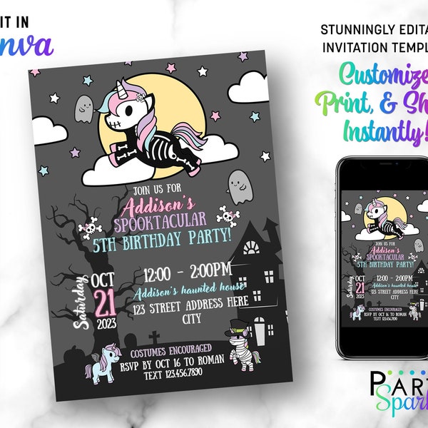 Halloween Unicorns Birthday Party Invitation | Editable Canva Template Printable |  Kids Costume Fancy Dress Spooktacular Digital Download