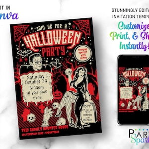 Retro Halloween Pin Up Invitation Canva Template | Black Red Vintage  Adult Gothic Horror Costume Fancy Dress Digital Download Party Invite