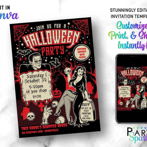 Retro Halloween Pin Up Invitation Canva Template | Black Red Vintage  Adult Gothic Horror Costume Fancy Dress Digital Download Party Invite