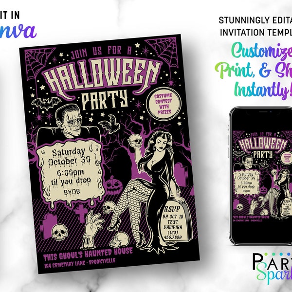 Retro Halloween Pin Up Gothic Invitation Canva Template Black Purple Adult Costume Vintage Fancy Dress Digital Download Custom Party Invite