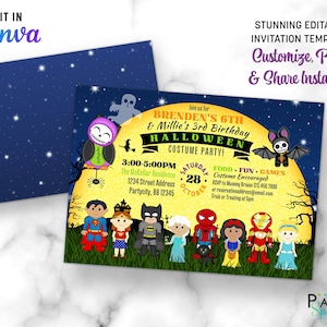 Superhero & Princess Kids Halloween Birthday Costume Party Invitation | Editable Canva Template Digital Download Dual Childrens Party Invite