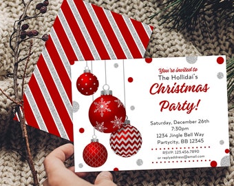 Red Silver Glitter Baubles Christmas Invitation Canva Template | Adult Holiday Party Invite Editable Digital Download Instant PDF Link