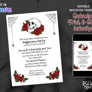 May include: Editable Halloween party invitation template with a skull and red roses. The text reads "You have been summoned to a Halloween Party hosted by the Caldwells".