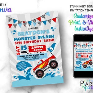 Monster Splash Geburtstags-Bash-Einladen bearbeitbare Canva Vorlage Rot Blau Jungen Sommer-Truck-Spa-Party Digitale Einladungskarte Digitaler Download